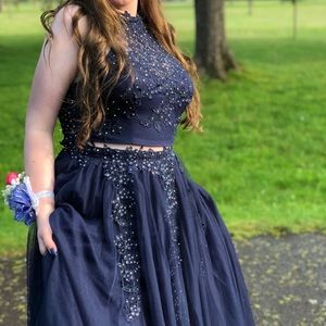 Two piece navy blue prom dress